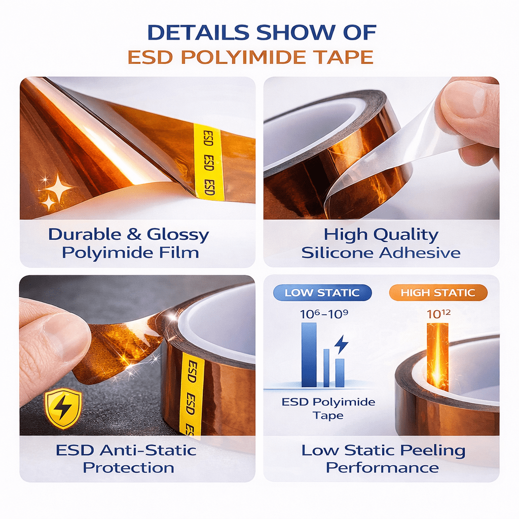 Structure of low static polyimide tape with polyimide film and silicone adhesive